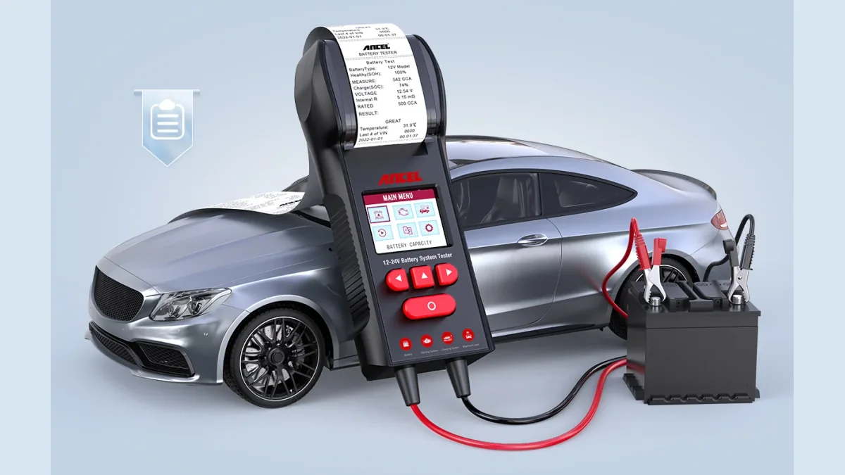 Araç aküsüne bağlı ANCEL BST600 ve dahili yazıcıdan çıkan akü test raporu