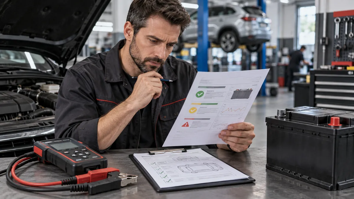 Akü test raporunu servis iş emriyle birlikte yorumlayan otomotiv teknisyeni