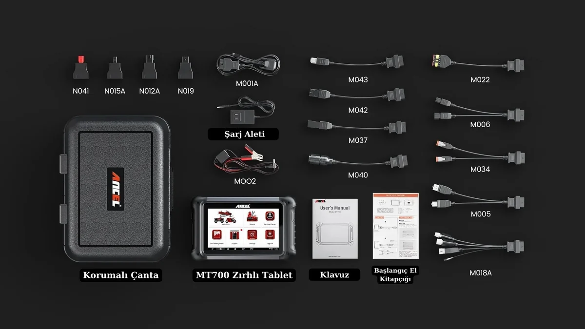 ANCEL MT700 tablet, taşıma çantası, güç kablosu ve marka adaptörleri