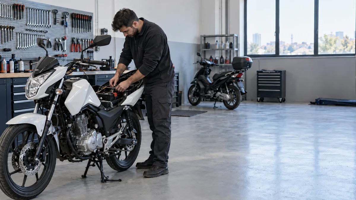 Ankara motosiklet servisinde akü ve teşhis bağlantısı ön kontrolü yapan teknisyen