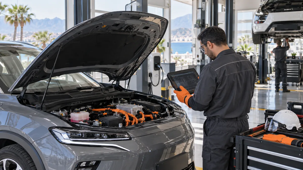 Antalya elektrikli ve hibrit araç diagnostik cihazı için otomotiv servisinde arıza tespit cihazı kullanılan gerçekçi kapak görseli