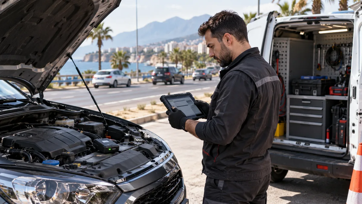 Antalya mobil servis arıza tespit cihazı için otomotiv servisinde arıza tespit cihazı kullanılan gerçekçi kapak görseli