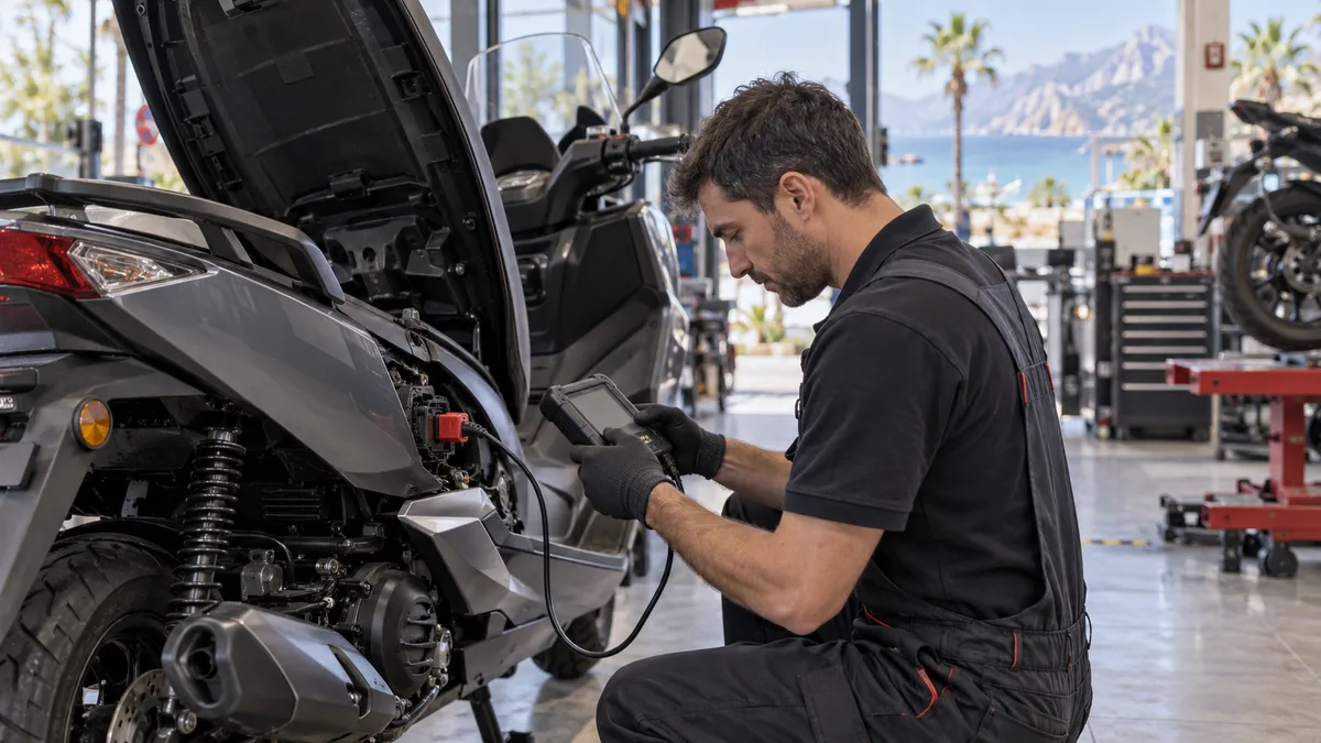 Antalya motosiklet arıza tespit cihazı için otomotiv servisinde arıza tespit cihazı kullanılan gerçekçi kapak görseli