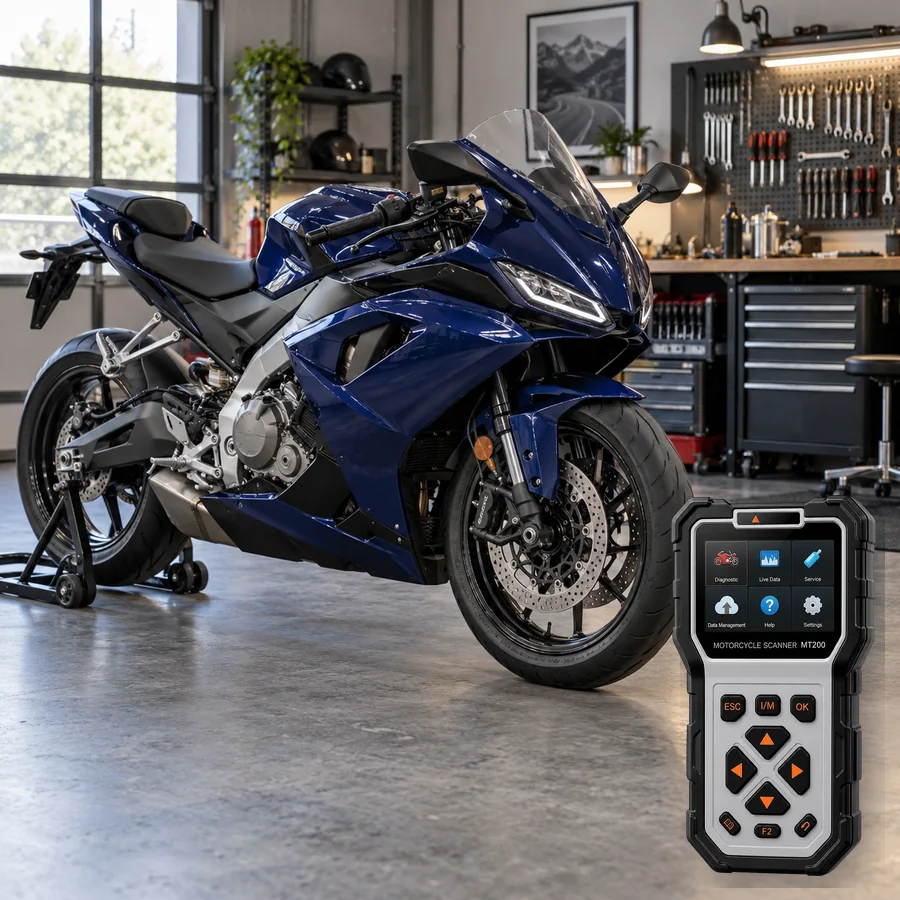 Aprilia RS 457 sınıfını anlatan logosuz temsili servis sahnesi ve gerçek ANCEL MT200; görsel uyumluluk kanıtı değildir