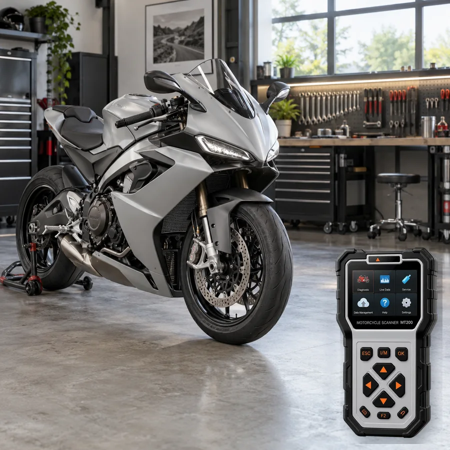 Aprilia RS 660 sınıfını anlatan logosuz temsili servis sahnesi ve gerçek ANCEL MT200; görsel uyumluluk kanıtı değildir