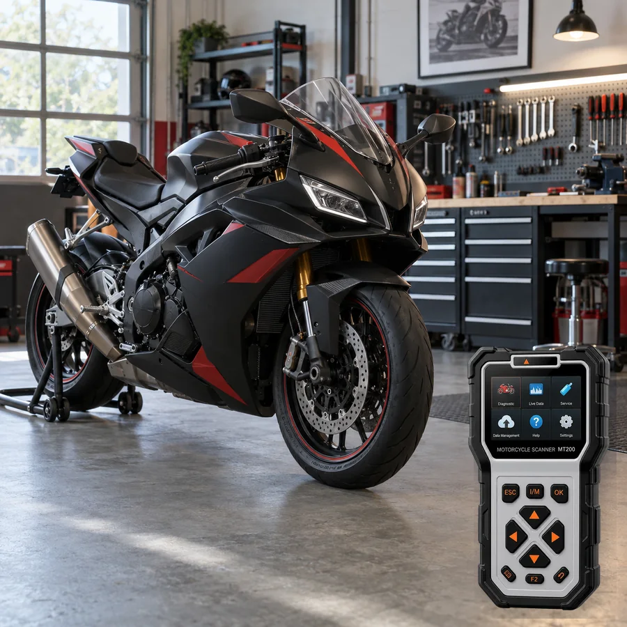 Aprilia RSV4 sınıfını anlatan logosuz temsili servis sahnesi ve gerçek ANCEL MT200; görsel uyumluluk kanıtı değildir