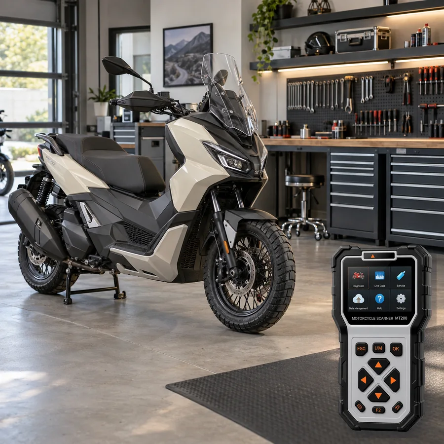 Aprilia SR GT 400 sınıfını anlatan logosuz temsili servis sahnesi ve gerçek ANCEL MT200; görsel uyumluluk kanıtı değildir