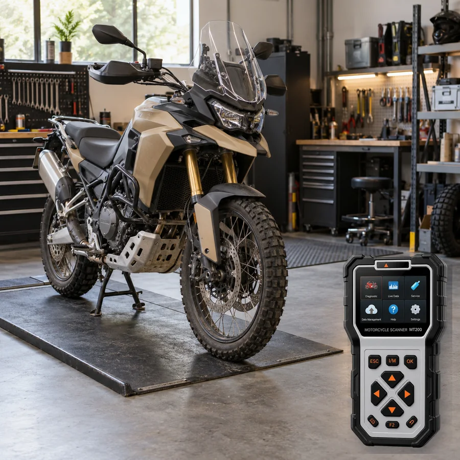 Aprilia Tuareg sınıfını anlatan logosuz temsili servis sahnesi ve gerçek ANCEL MT200; görsel uyumluluk kanıtı değildir