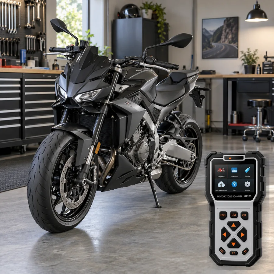 Aprilia Tuono 660 sınıfını anlatan logosuz temsili servis sahnesi ve gerçek ANCEL MT200; görsel uyumluluk kanıtı değildir