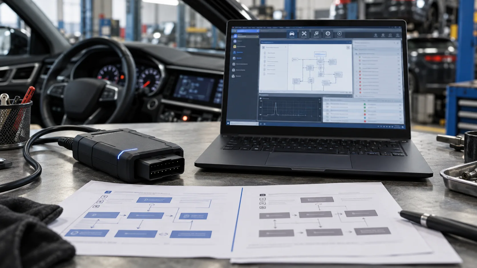 Araçta Universal VCI ve dizüstü bilgisayar ile diagnostik karşılaştırma yapan teknisyen