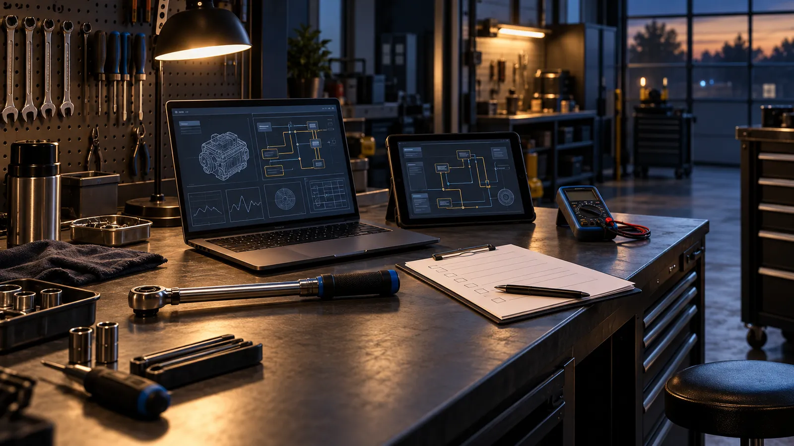 Modern oto servis tezgâhında çevrim içi teknik veri akışını temsil eden markasız bilgisayar, tablet ve ölçüm araçları