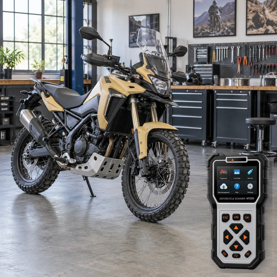 Benelli BKX 300 sınıfını anlatan logosuz temsili servis sahnesi ve gerçek ANCEL MT200; görsel uyumluluk kanıtı değildir