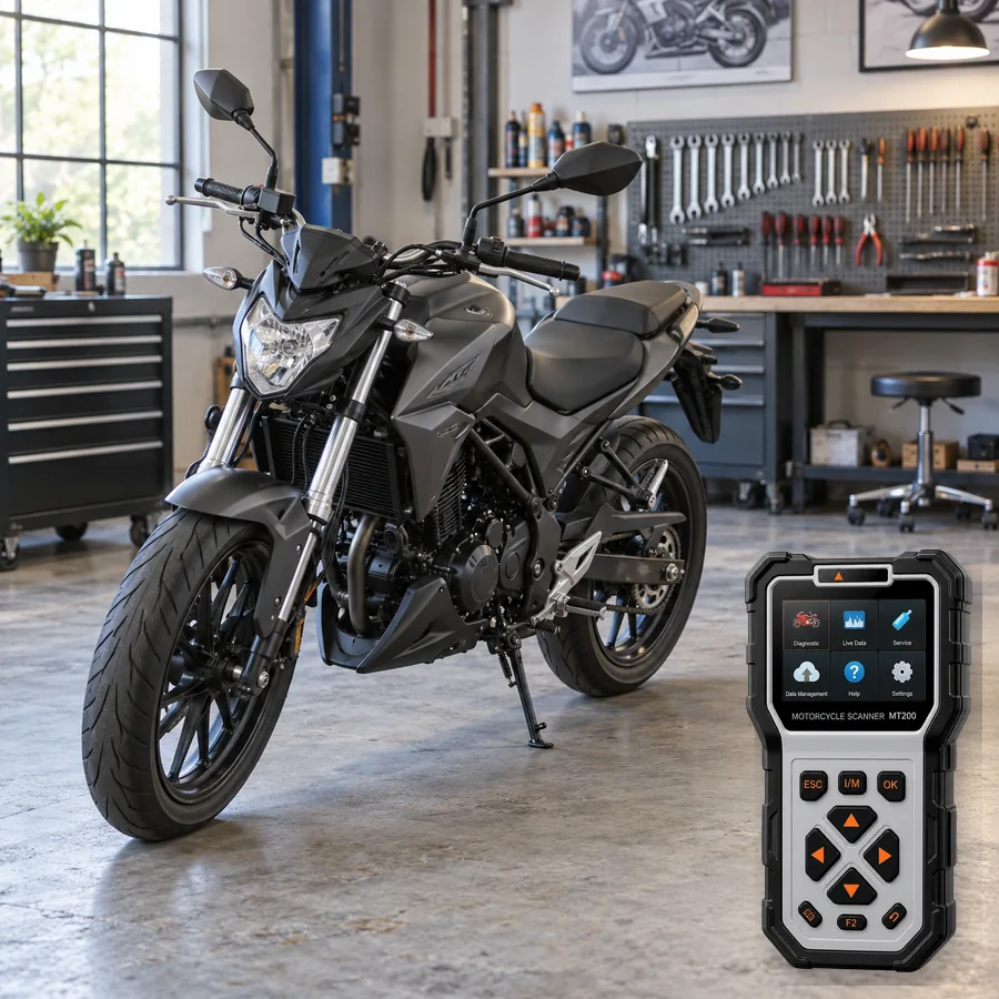 Benelli BN 125 sınıfını anlatan logosuz temsili servis sahnesi ve gerçek ANCEL MT200; görsel uyumluluk kanıtı değildir