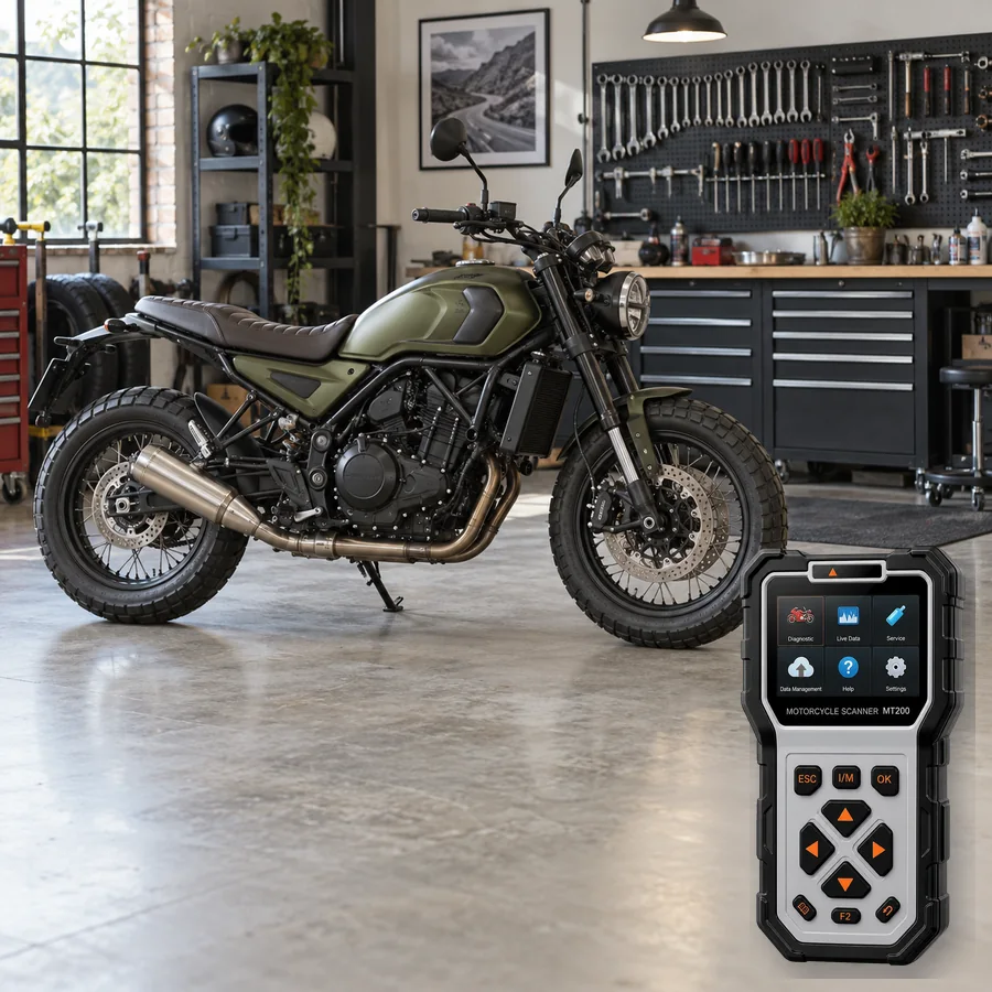 Benelli Leoncino 500 sınıfını anlatan logosuz temsili servis sahnesi ve gerçek ANCEL MT200; görsel uyumluluk kanıtı değildir