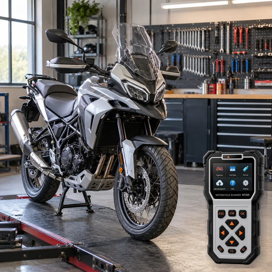 Benelli TRK 702 sınıfını anlatan logosuz temsili servis sahnesi ve gerçek ANCEL MT200; görsel uyumluluk kanıtı değildir
