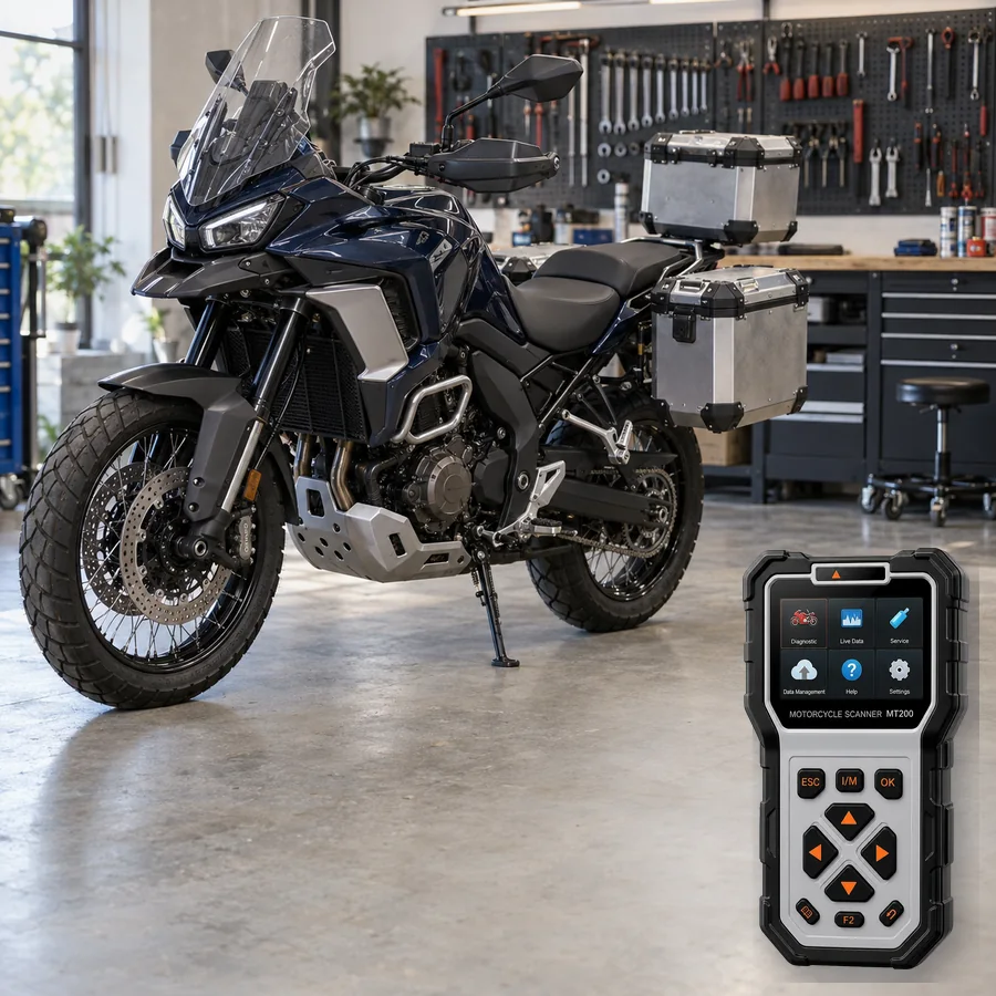 Benelli TRK 902 Stradale sınıfını anlatan logosuz temsili servis sahnesi ve gerçek ANCEL MT200; görsel uyumluluk kanıtı değildir
