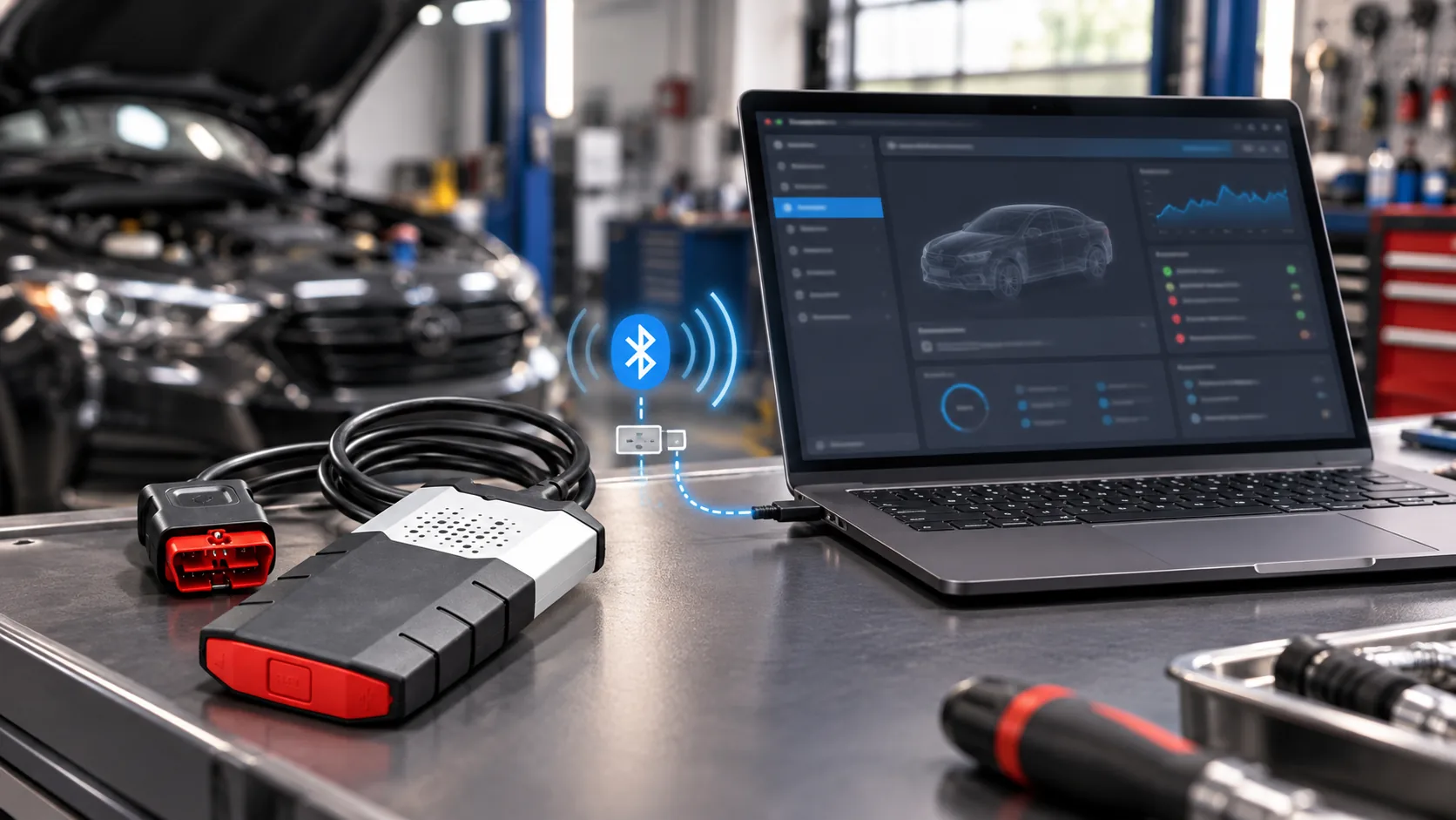 Bluetooth bağlantılı Universal VCI cihazını laptop ile kullanan otomotiv teknisyeni