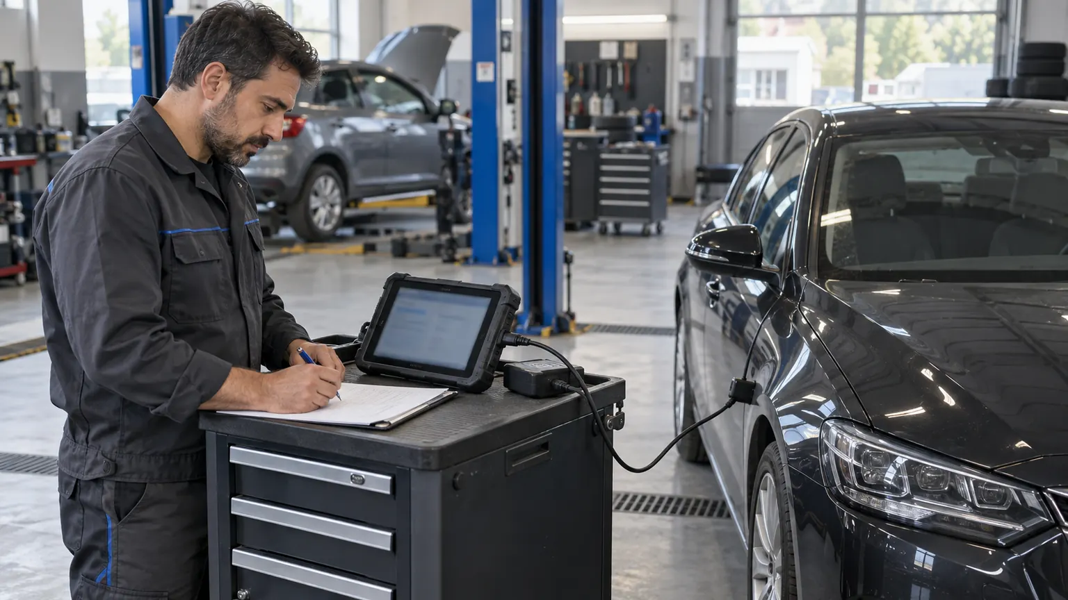 Çok markalı tarama sırasında araç bağlantısını ve servis kaydını kontrol eden teknisyen