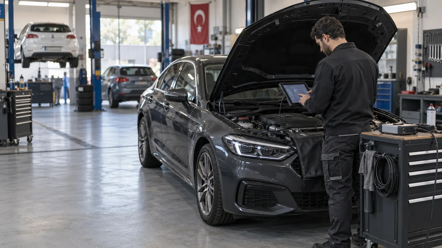 Bağımsız atölyede araca bağlı çok markalı tarama tabletini inceleyen teknisyen