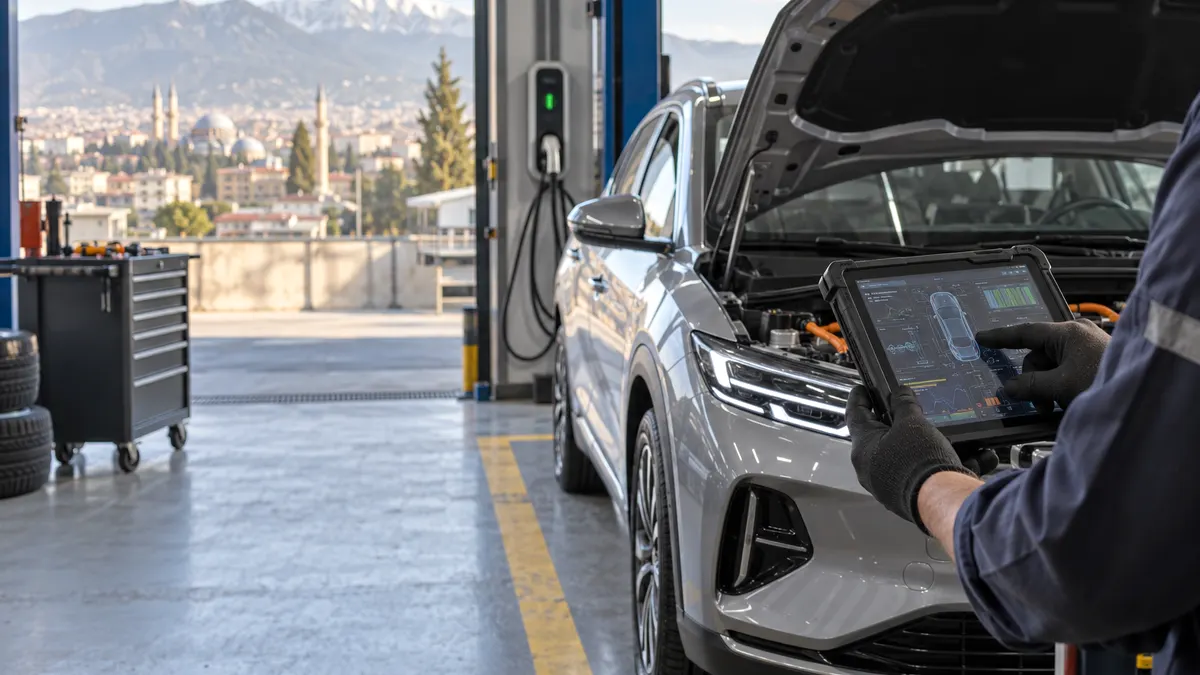 Bursa elektrikli ve hibrit araç diagnostik cihazı için otomotiv servisinde arıza tespit cihazı kullanılan gerçekçi kapak görseli