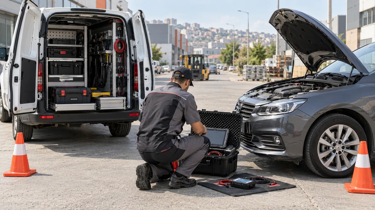 Bursa mobil servis arıza tespit cihazı için otomotiv servisinde arıza tespit cihazı kullanılan gerçekçi kapak görseli