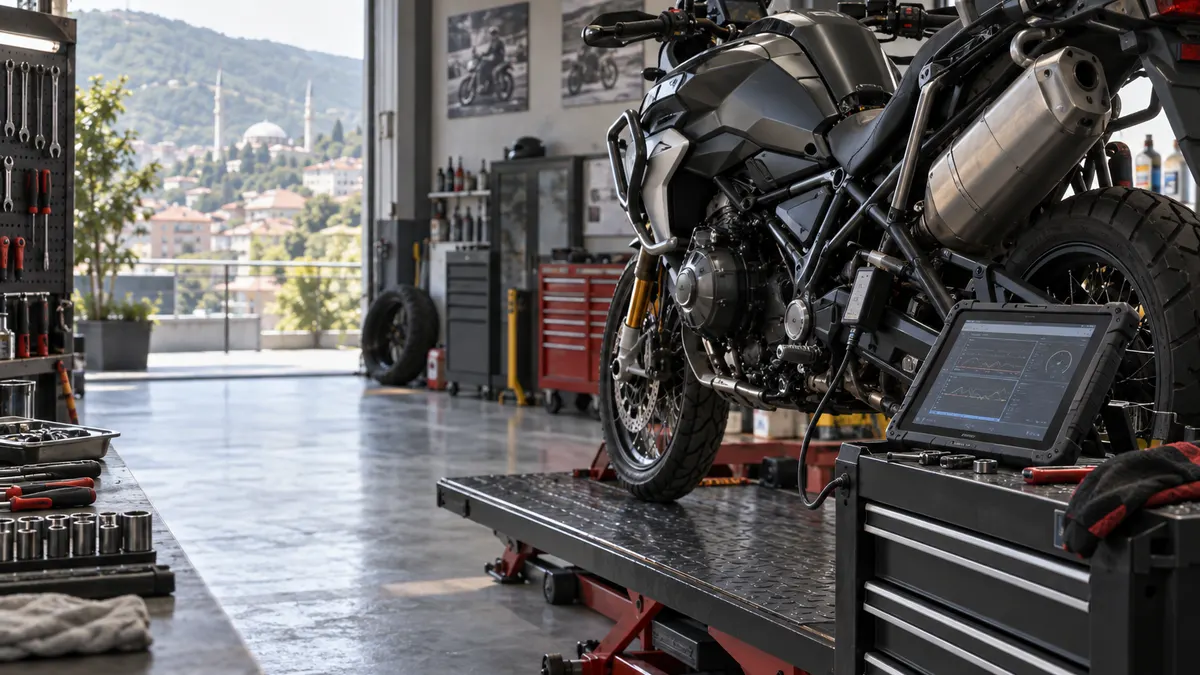Bursa motosiklet arıza tespit cihazı için otomotiv servisinde arıza tespit cihazı kullanılan gerçekçi kapak görseli