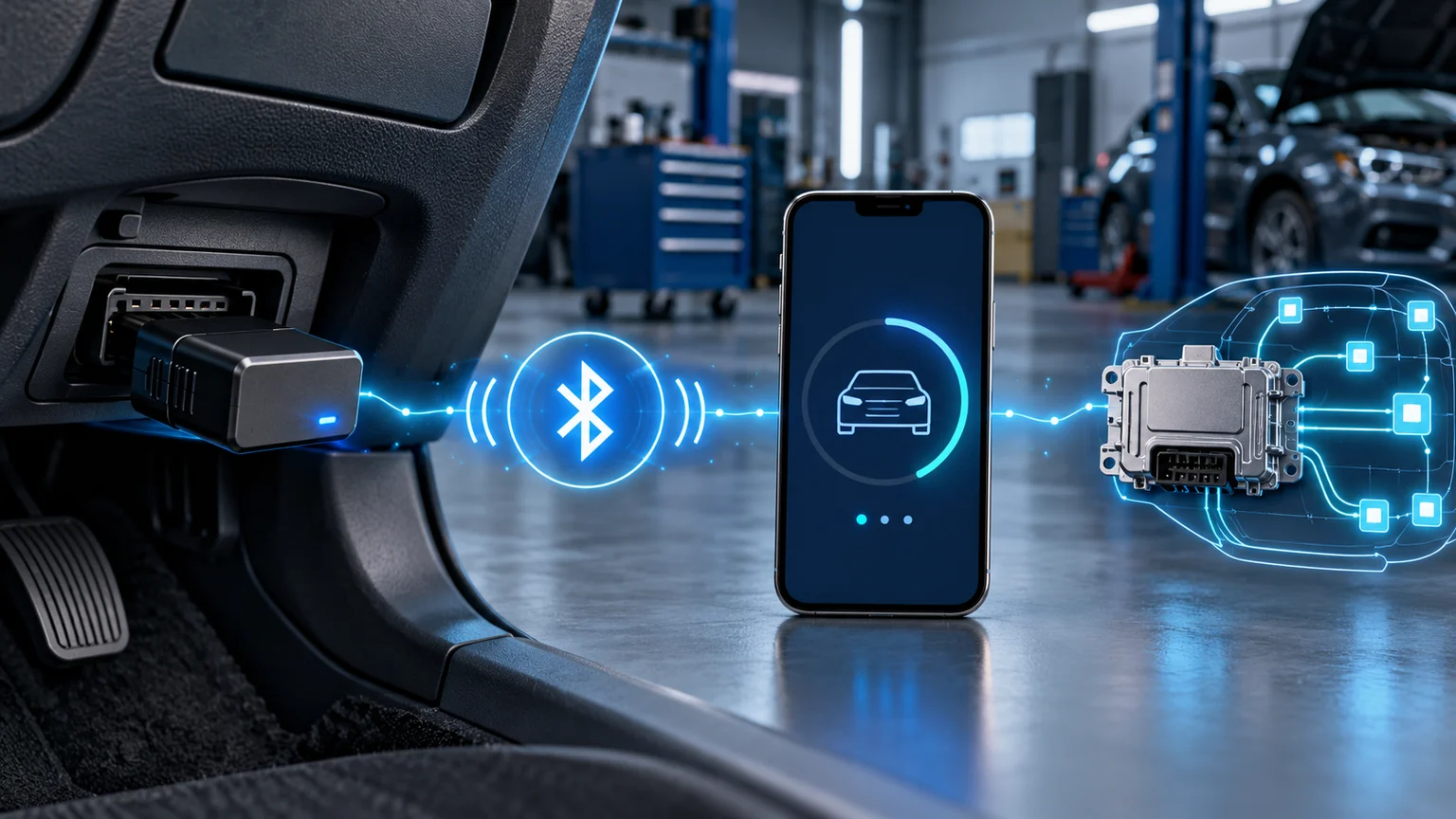 Bluetooth OBD adaptörü bağlantısını araç yanında kontrol eden teknisyen