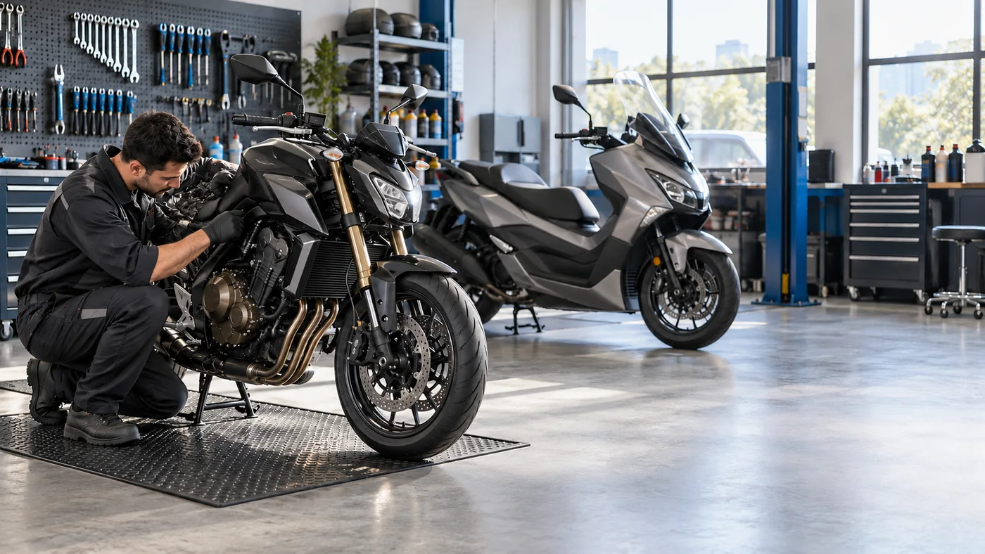 Logosuz motosiklet servisinde bakım ve teşhis soketi ön kontrolü yapan teknisyen