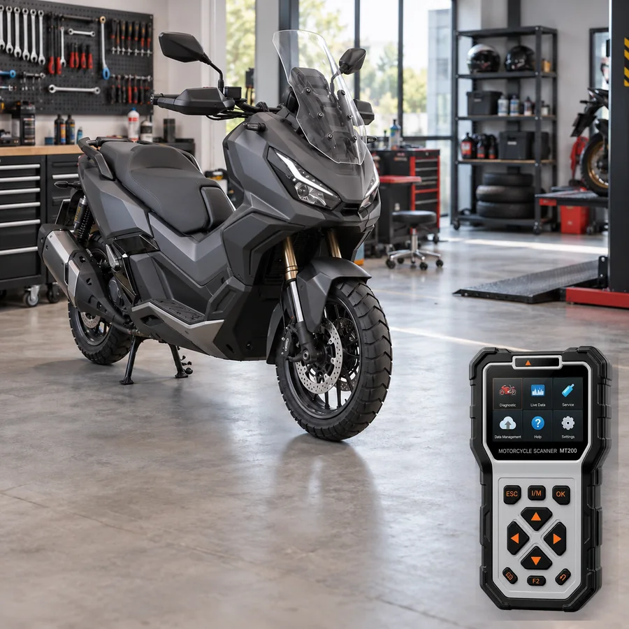 Honda ADV350 arıza tespit cihazı seçimini anlatan, logosuz macera tarzı scooter ve gerçek ANCEL MT200 ürün kesiti içeren temsilî servis görseli; model uyumluluğu kanıtı değildir