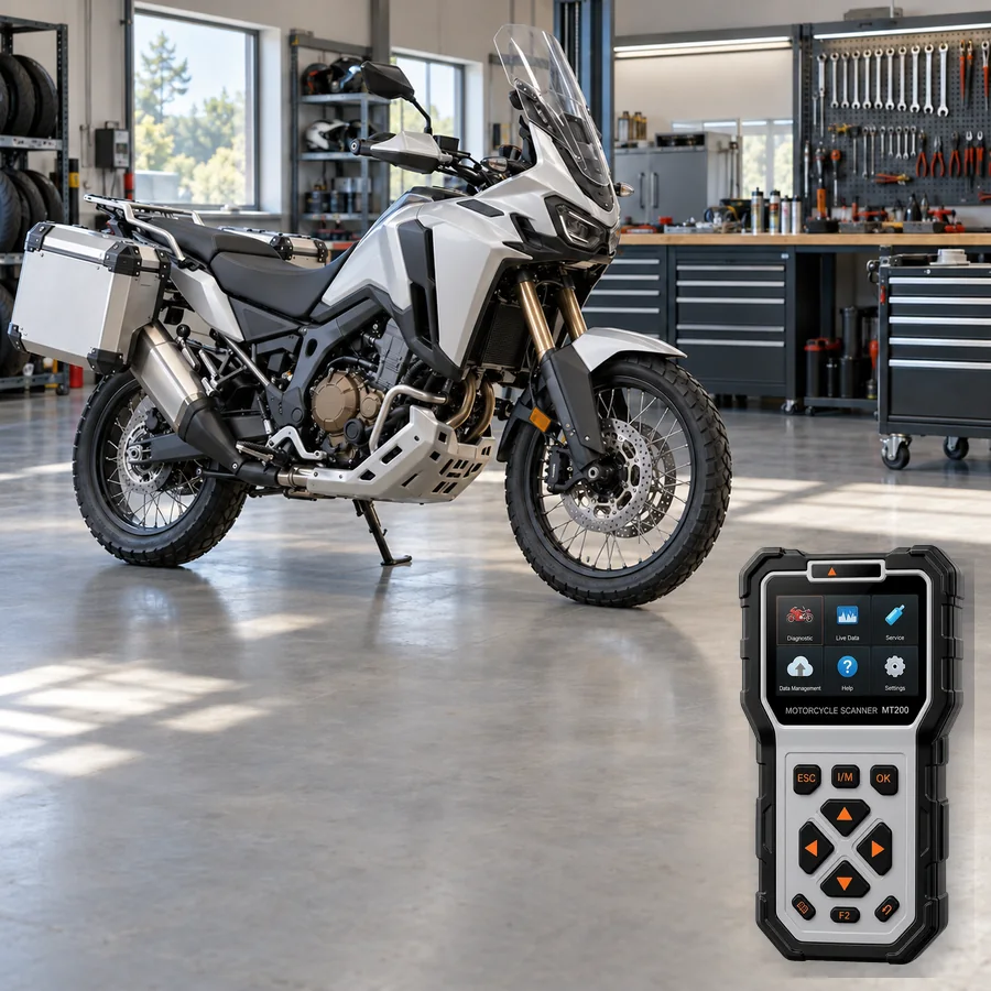Honda Africa Twin Adventure Sports arıza tespit cihazı seçimini anlatan, logosuz uzun yol adventure motosiklet ve gerçek ANCEL MT200 ürün kesiti içeren temsilî servis görseli; model uyumluluğu kanıtı değildir