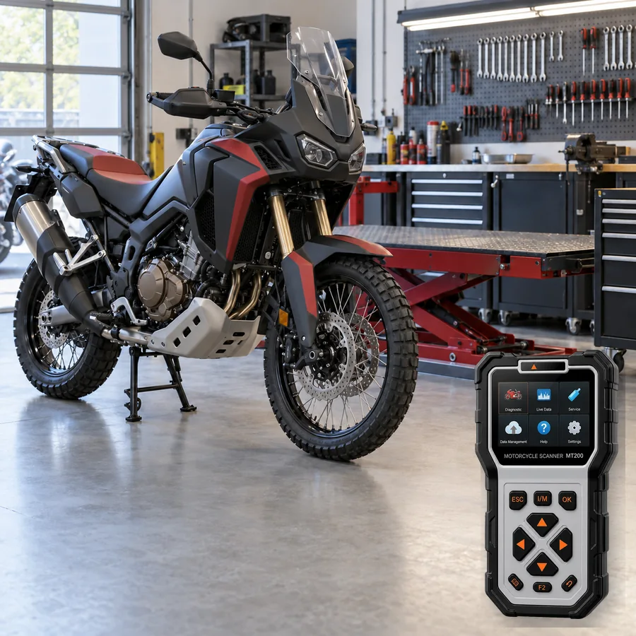 Honda Africa Twin arıza tespit cihazı seçimini anlatan, logosuz büyük adventure motosiklet ve gerçek ANCEL MT200 ürün kesiti içeren temsilî servis görseli; model uyumluluğu kanıtı değildir