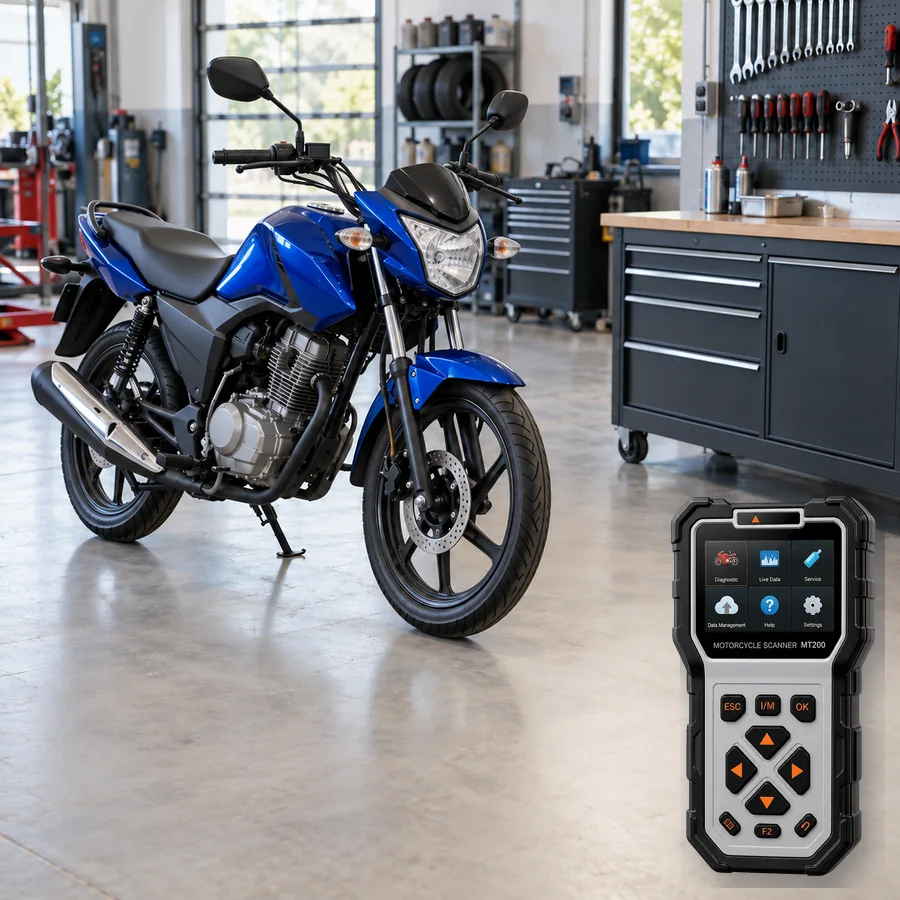 Honda CB125F arıza tespit cihazı seçimini anlatan, logosuz küçük hacimli naked motosiklet ve gerçek ANCEL MT200 ürün kesiti içeren temsilî servis görseli; model uyumluluğu kanıtı değildir