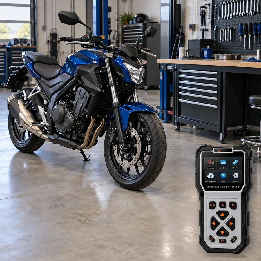 Honda CB500 Hornet arıza tespit cihazı seçimini anlatan, logosuz naked motosiklet ve gerçek ANCEL MT200 ürün kesiti içeren temsilî servis görseli; model uyumluluğu kanıtı değildir