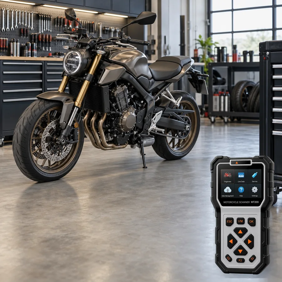 Honda CB650R arıza tespit cihazı seçimini anlatan, logosuz dört silindirli naked motosiklet ve gerçek ANCEL MT200 ürün kesiti içeren temsilî servis görseli; model uyumluluğu kanıtı değildir