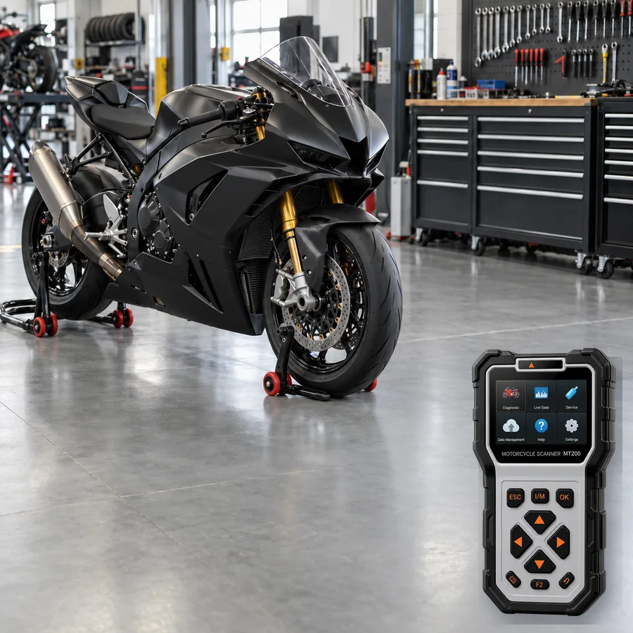 Honda CBR1000RR-R Fireblade SP arıza tespit cihazı seçimini anlatan, logosuz litre sınıfı supersport motosiklet ve gerçek ANCEL MT200 ürün kesiti içeren temsilî servis görseli; model uyumluluğu kanıtı değildir