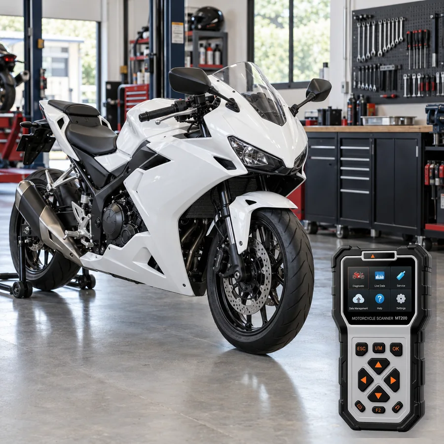 Honda CBR500R arıza tespit cihazı seçimini anlatan, logosuz orta sınıf supersport motosiklet ve gerçek ANCEL MT200 ürün kesiti içeren temsilî servis görseli; model uyumluluğu kanıtı değildir