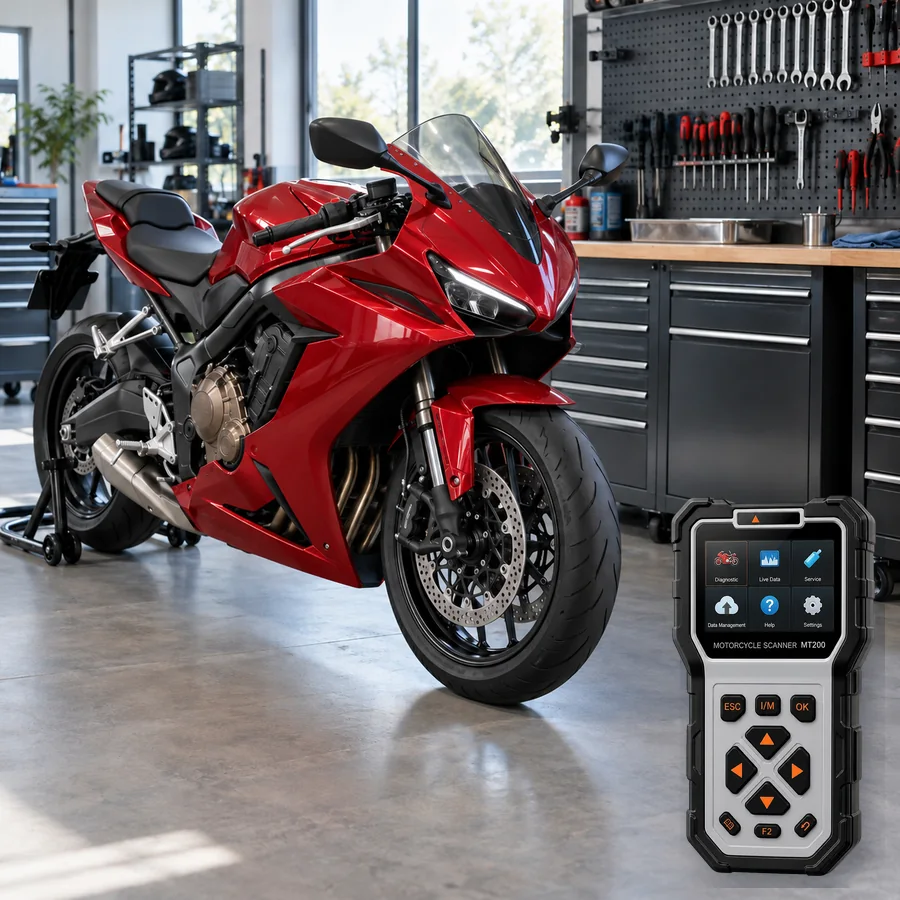 Honda CBR650R arıza tespit cihazı seçimini anlatan, logosuz dört silindirli supersport motosiklet ve gerçek ANCEL MT200 ürün kesiti içeren temsilî servis görseli; model uyumluluğu kanıtı değildir