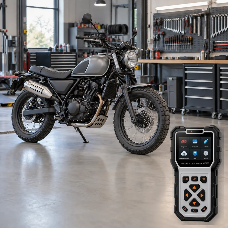 Honda CL250 arıza tespit cihazı seçimini anlatan, logosuz scrambler tarzı naked motosiklet ve gerçek ANCEL MT200 ürün kesiti içeren temsilî servis görseli; model uyumluluğu kanıtı değildir