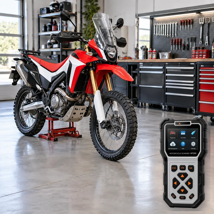 Honda CRF250 Rally arıza tespit cihazı seçimini anlatan, logosuz rally tipi adventure motosiklet ve gerçek ANCEL MT200 ürün kesiti içeren temsilî servis görseli; model uyumluluğu kanıtı değildir