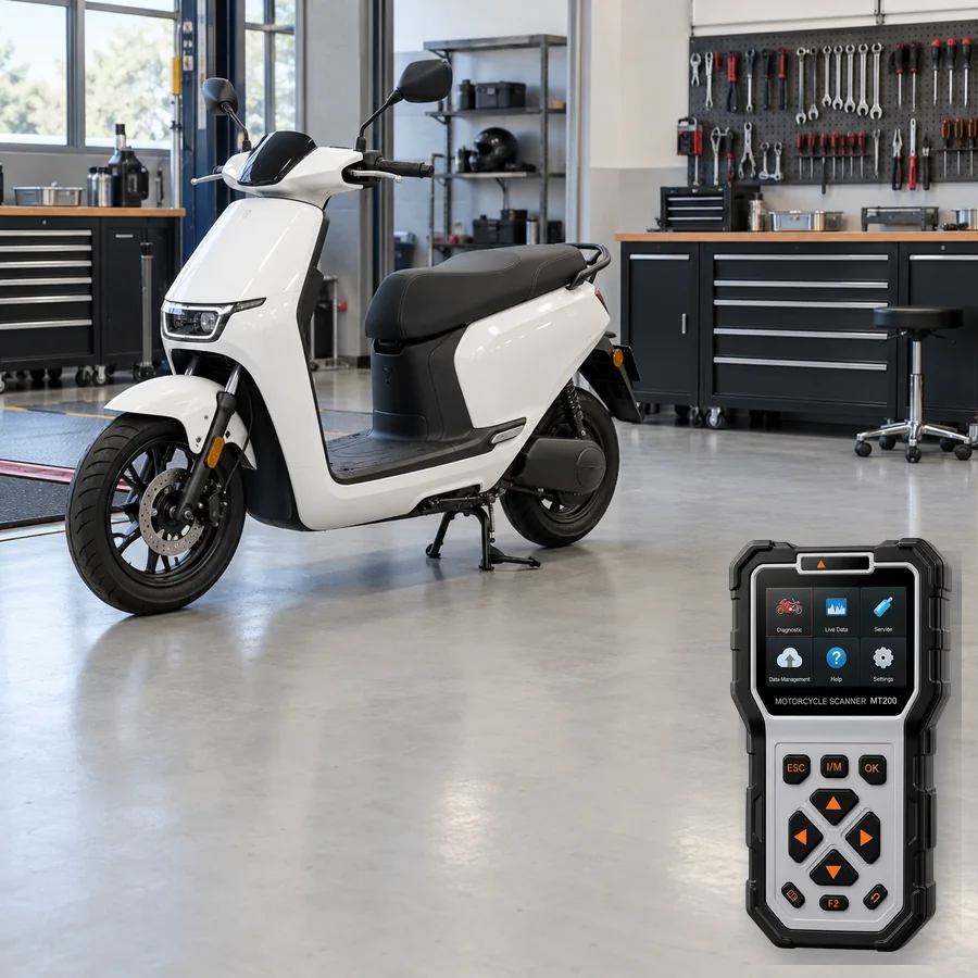 Honda EM1 e: arıza tespit cihazı seçimini anlatan, logosuz elektrikli scooter ve gerçek ANCEL MT200 ürün kesiti içeren temsilî servis görseli; model uyumluluğu kanıtı değildir