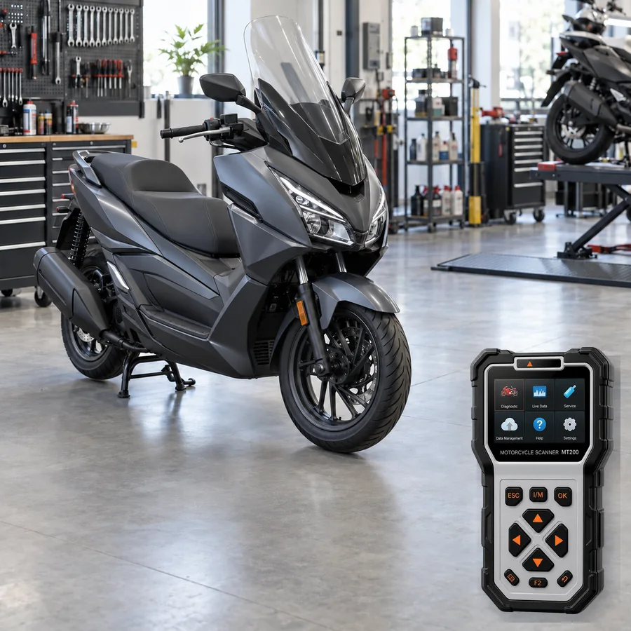Honda Forza 250 arıza tespit cihazı seçimini anlatan, logosuz büyük scooter ve gerçek ANCEL MT200 ürün kesiti içeren temsilî servis görseli; model uyumluluğu kanıtı değildir