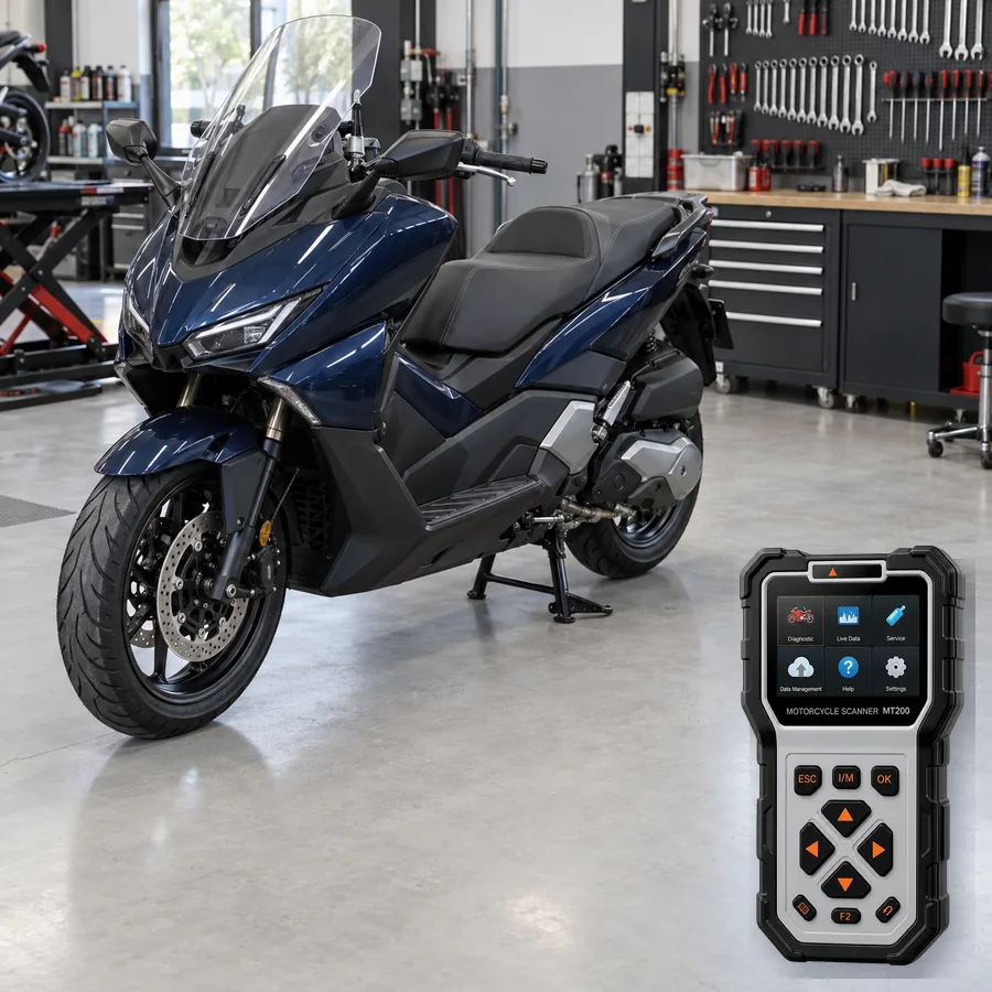 Honda Forza 750 arıza tespit cihazı seçimini anlatan, logosuz büyük scooter ve gerçek ANCEL MT200 ürün kesiti içeren temsilî servis görseli; model uyumluluğu kanıtı değildir