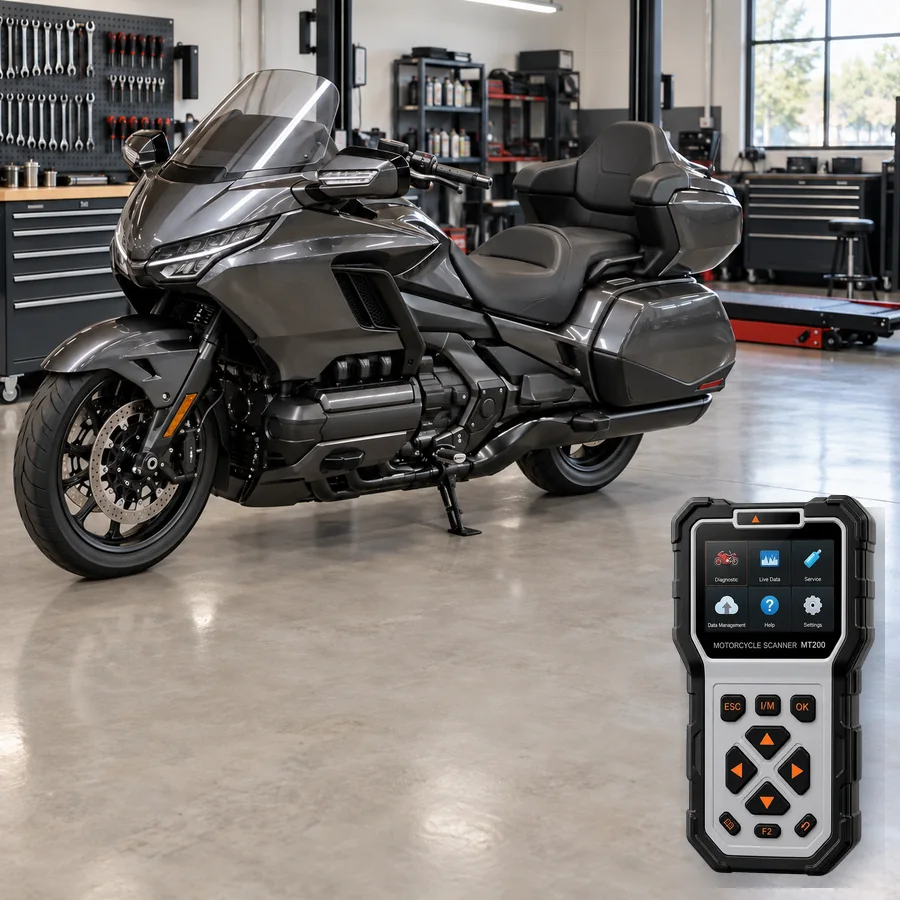 Honda GL1800 Gold Wing Bagger arıza tespit cihazı seçimini anlatan, logosuz bagger touring motosiklet ve gerçek ANCEL MT200 ürün kesiti içeren temsilî servis görseli; model uyumluluğu kanıtı değildir