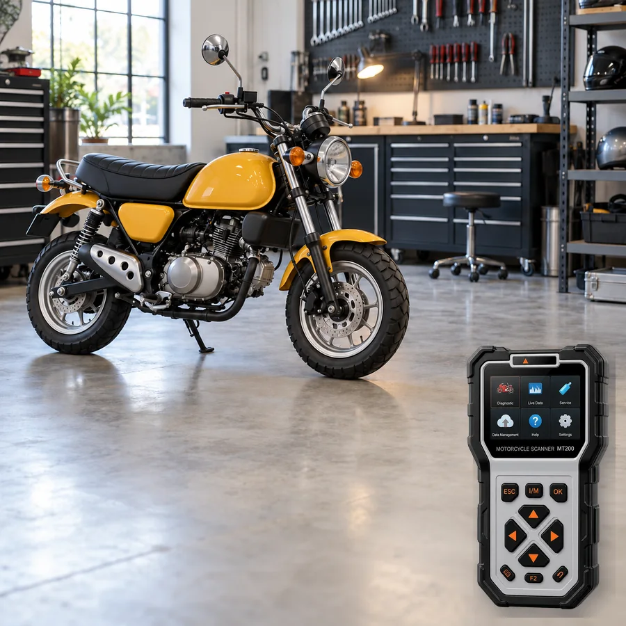 Honda Monkey arıza tespit cihazı seçimini anlatan, logosuz mini motosiklet ve gerçek ANCEL MT200 ürün kesiti içeren temsilî servis görseli; model uyumluluğu kanıtı değildir