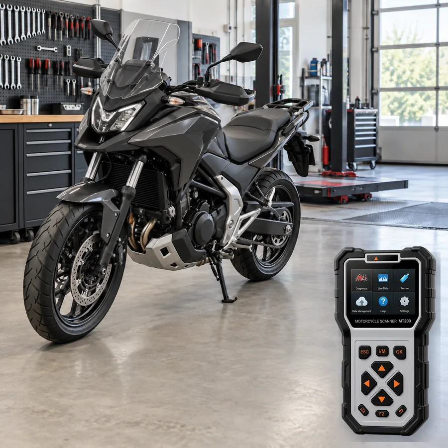 Honda NC750X arıza tespit cihazı seçimini anlatan, logosuz yol odaklı adventure motosiklet ve gerçek ANCEL MT200 ürün kesiti içeren temsilî servis görseli; model uyumluluğu kanıtı değildir