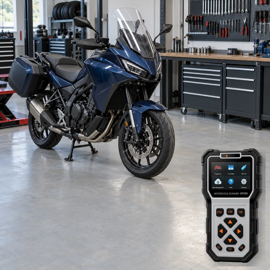 Honda NT1100 arıza tespit cihazı seçimini anlatan, logosuz touring motosiklet ve gerçek ANCEL MT200 ürün kesiti içeren temsilî servis görseli; model uyumluluğu kanıtı değildir