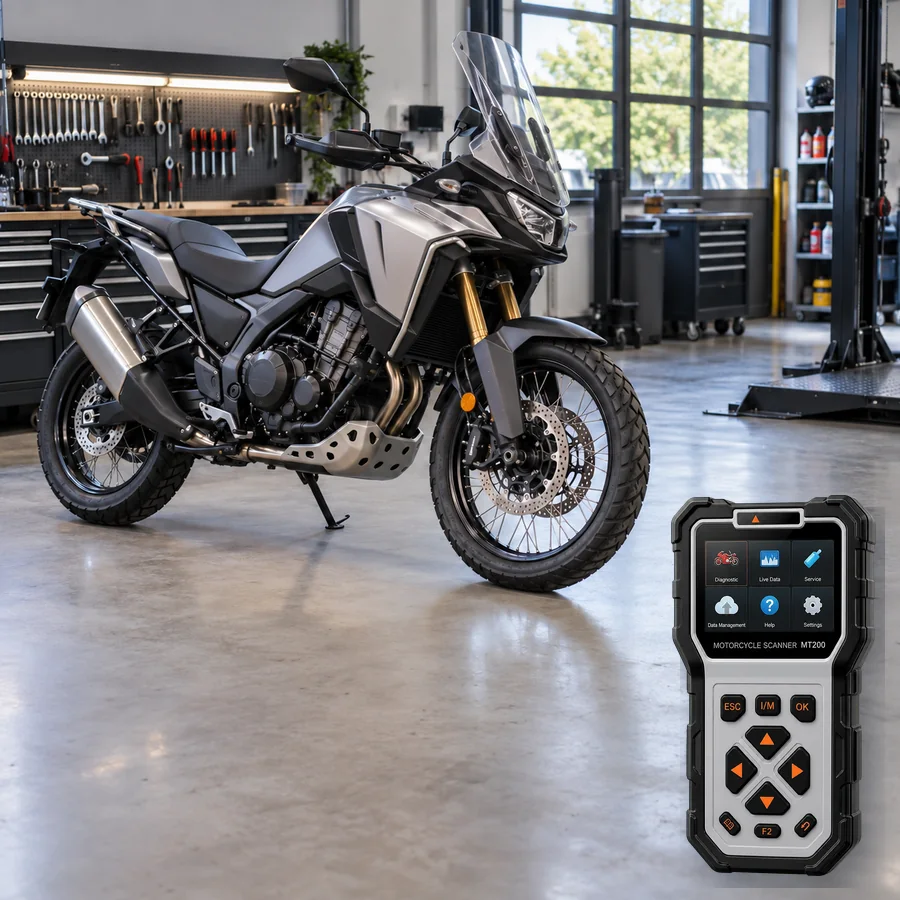 Honda NX500 arıza tespit cihazı seçimini anlatan, logosuz orta sınıf adventure motosiklet ve gerçek ANCEL MT200 ürün kesiti içeren temsilî servis görseli; model uyumluluğu kanıtı değildir