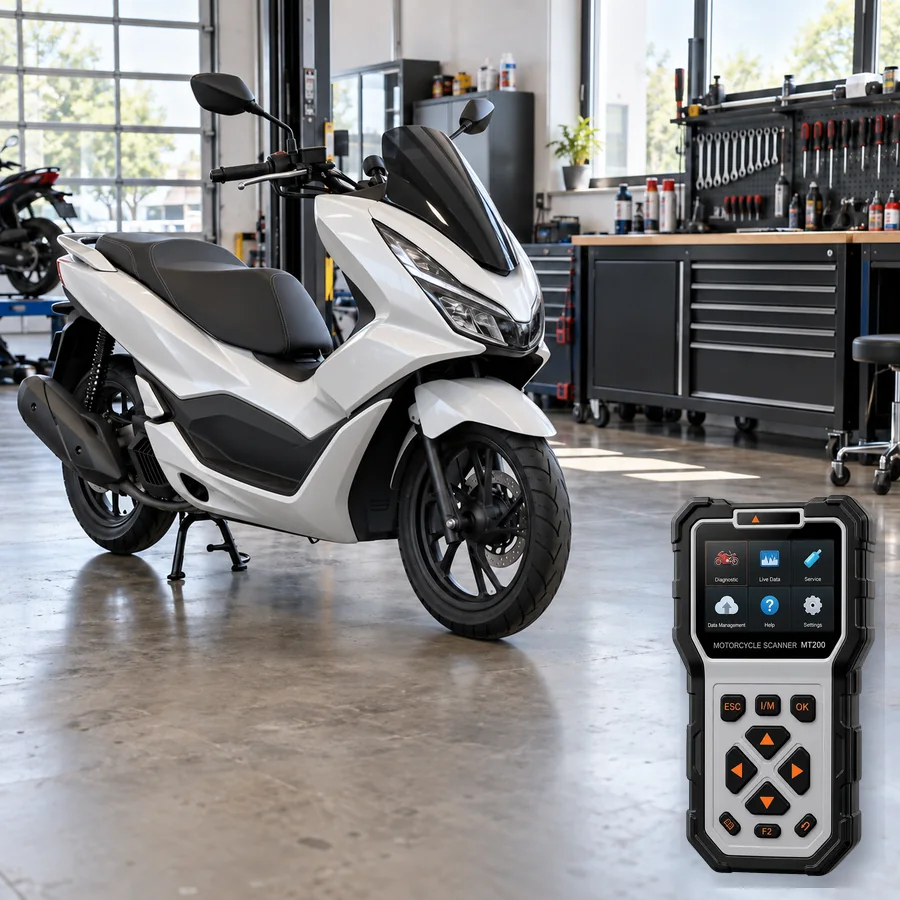 Honda PCX125 arıza tespit cihazı seçimini anlatan, logosuz şehir scooterı ve gerçek ANCEL MT200 ürün kesiti içeren temsilî servis görseli; model uyumluluğu kanıtı değildir