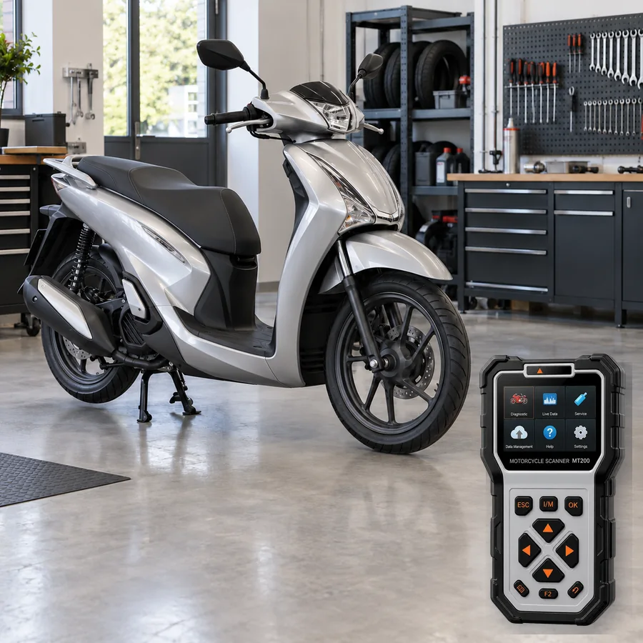 Honda SH125i arıza tespit cihazı seçimini anlatan, logosuz şehir scooterı ve gerçek ANCEL MT200 ürün kesiti içeren temsilî servis görseli; model uyumluluğu kanıtı değildir