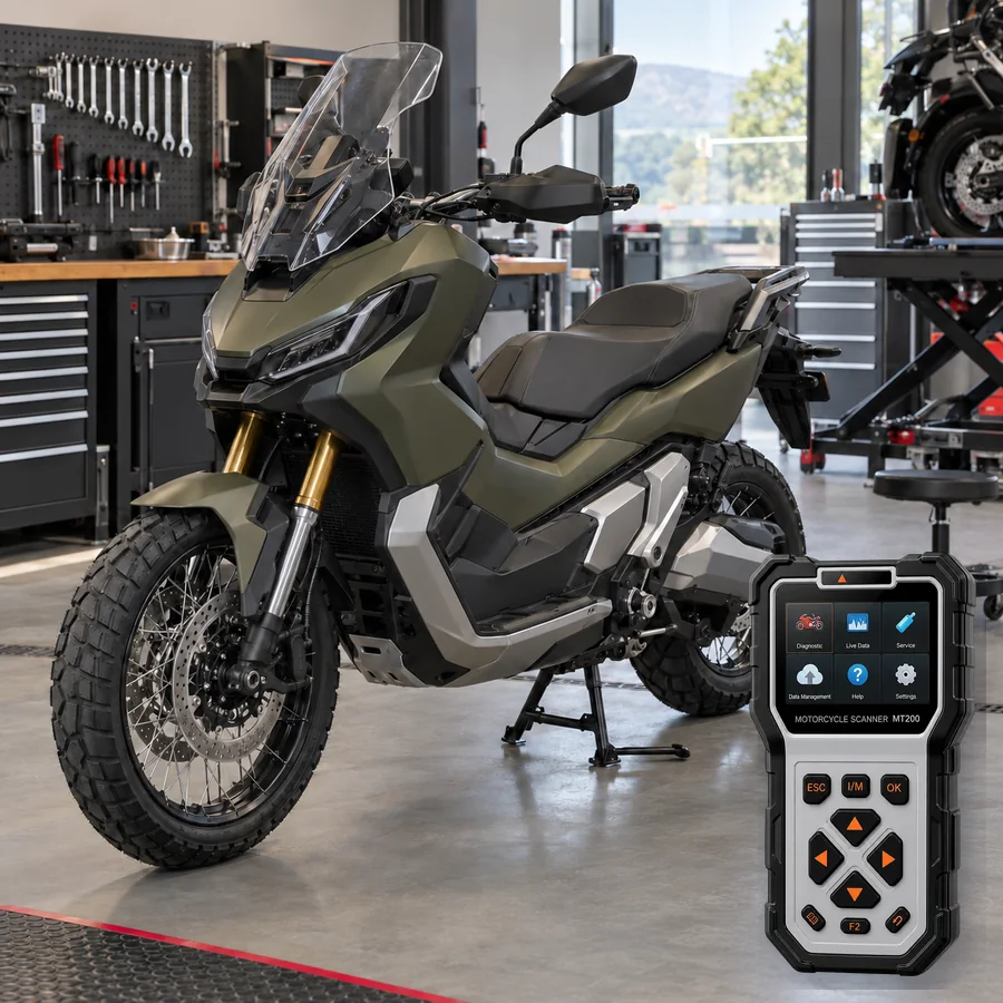 Honda X-ADV arıza tespit cihazı seçimini anlatan, logosuz adventure scooter ve gerçek ANCEL MT200 ürün kesiti içeren temsilî servis görseli; model uyumluluğu kanıtı değildir